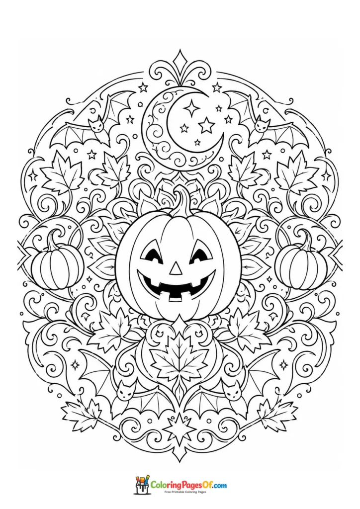 Decorative mandala with a jack-o’-lantern in the center surrounded by moon, stars and leaves