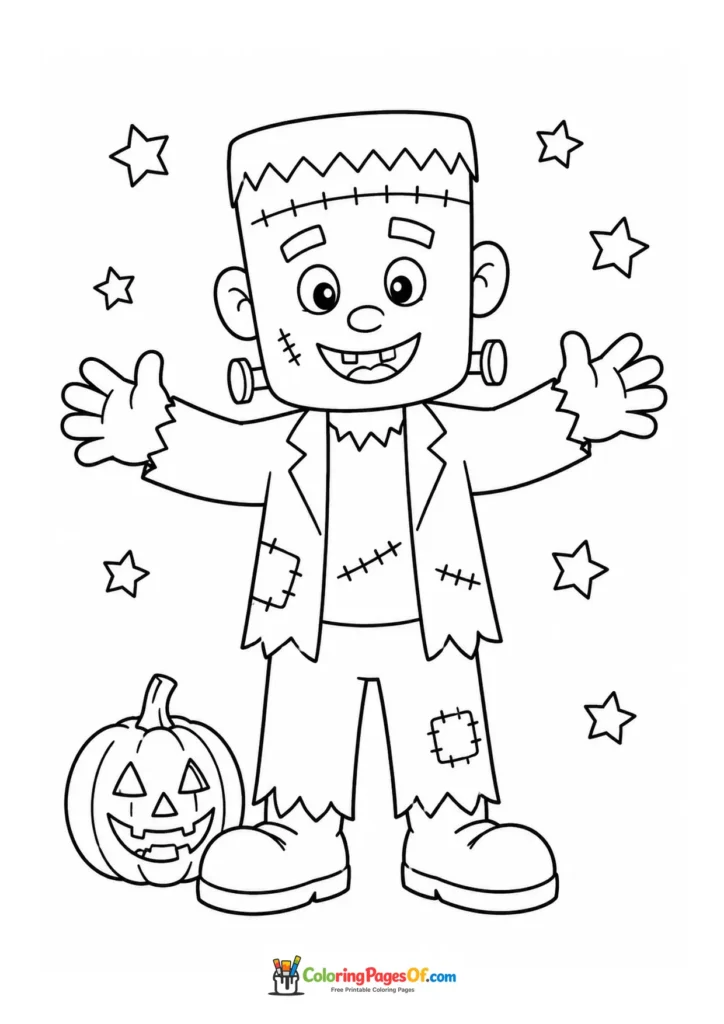 Happy Frankenstein-style monster standing beside a jack-o’-lantern and stars