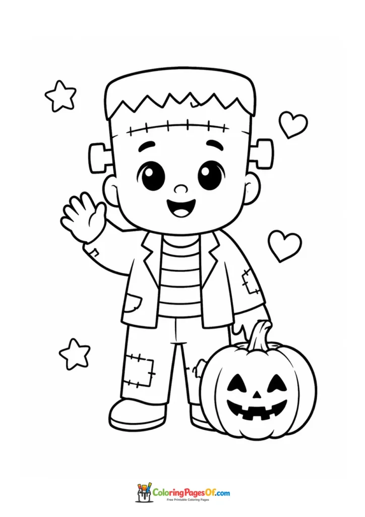 Friendly stitched monster waving while holding a pumpkin bucket