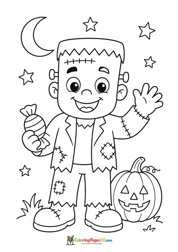 Friendly stitched monster waving and holding candy beside a jack-o'-lantern