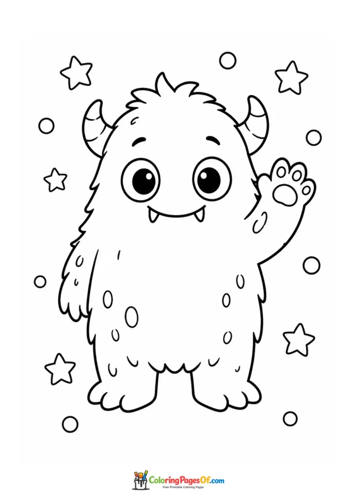 Cute furry monster waving among horns, stars and circles