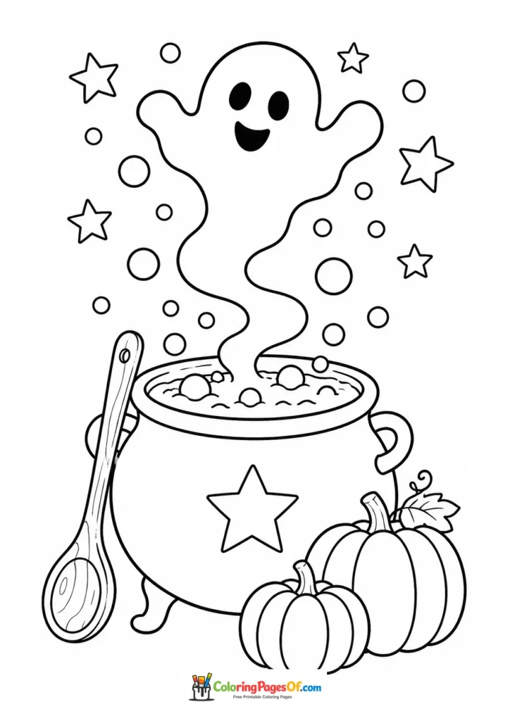 Friendly ghost rising from a bubbling witch cauldron beside pumpkins