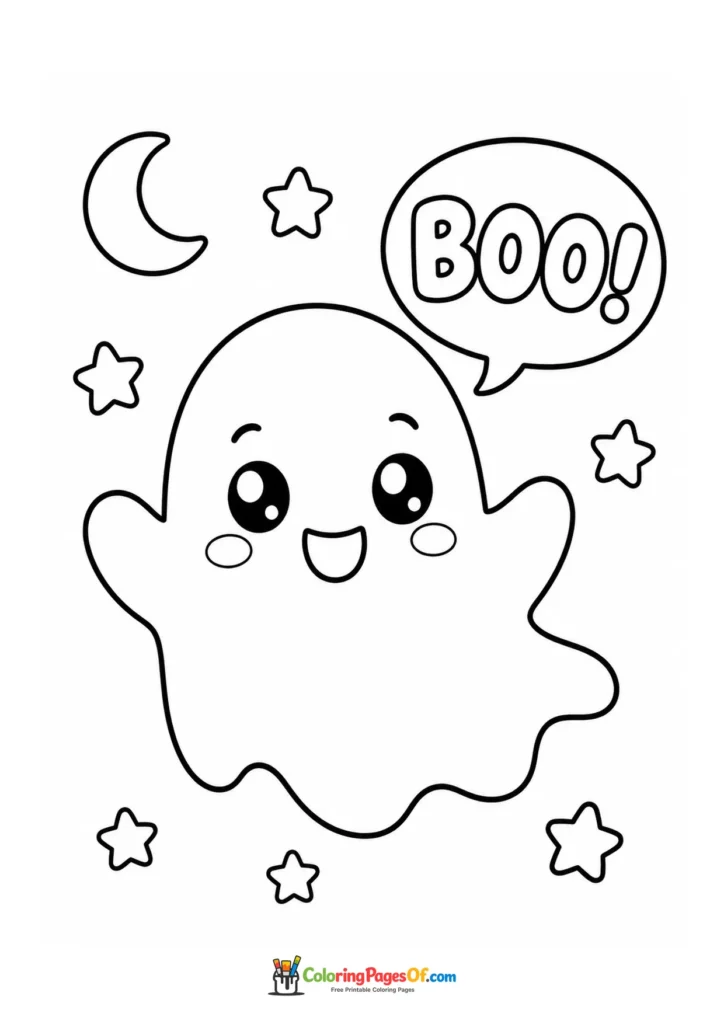 Happy ghost floating under the moon and stars with a BOO speech bubble