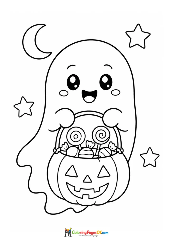 Cute ghost holding a pumpkin-shaped candy bucket under the moon and stars