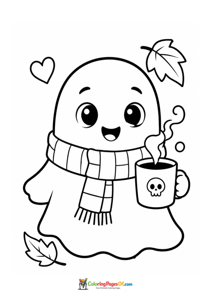 Cute ghost wearing a scarf and holding a steaming skull mug