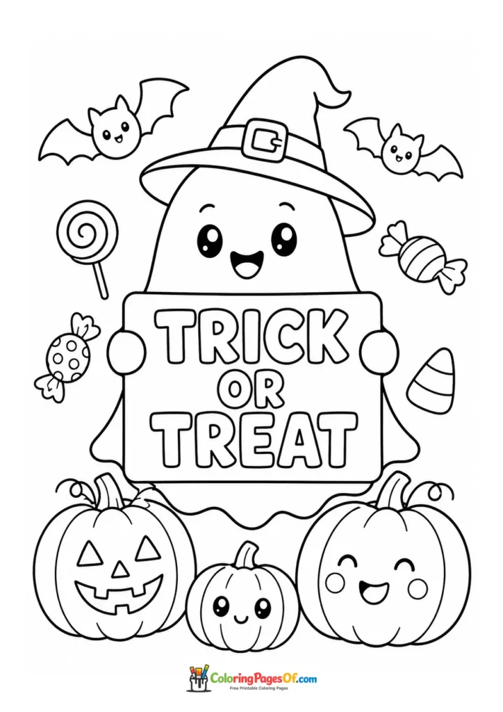 Cute ghost holding a Trick or Treat sign among candy, pumpkins and bats