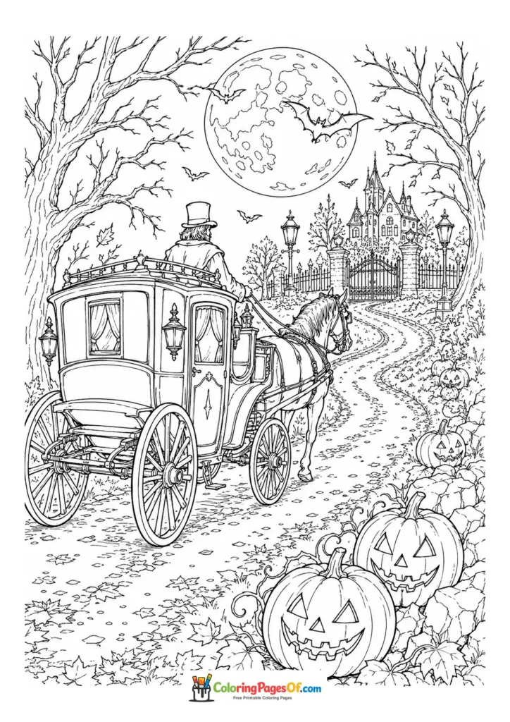 Old horse-drawn carriage traveling toward a castle in moonlight with pumpkins