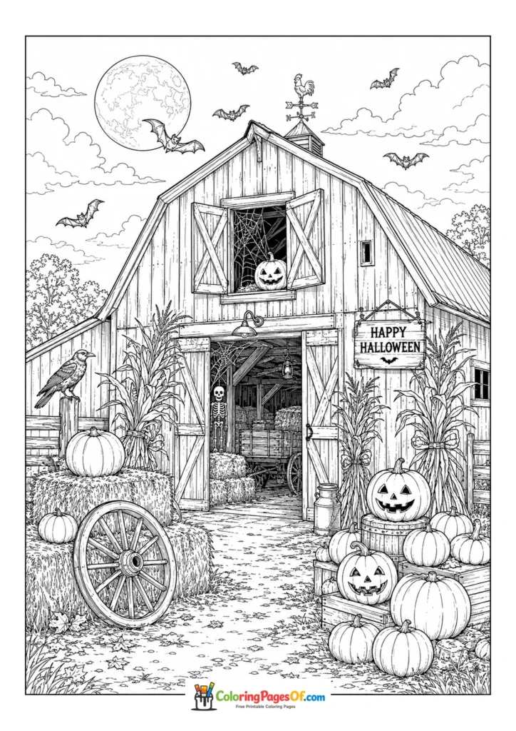 Old barn, pumpkin wagon and Happy Halloween sign under the moon