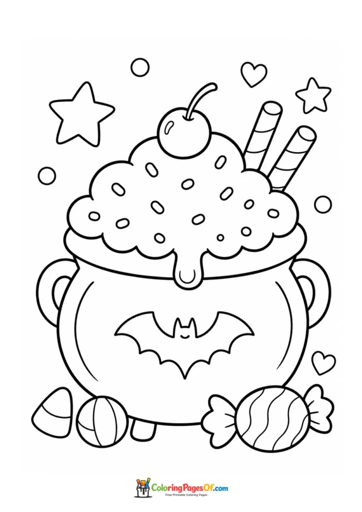 Pumpkin-decorated cauldron filled with frosting, candy, wafer sticks and a cherry