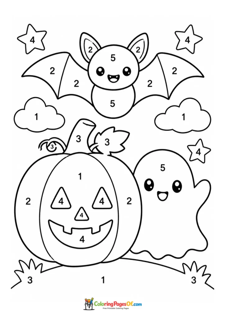 Numbered pumpkin, ghost and bat among clouds, stars and the moon