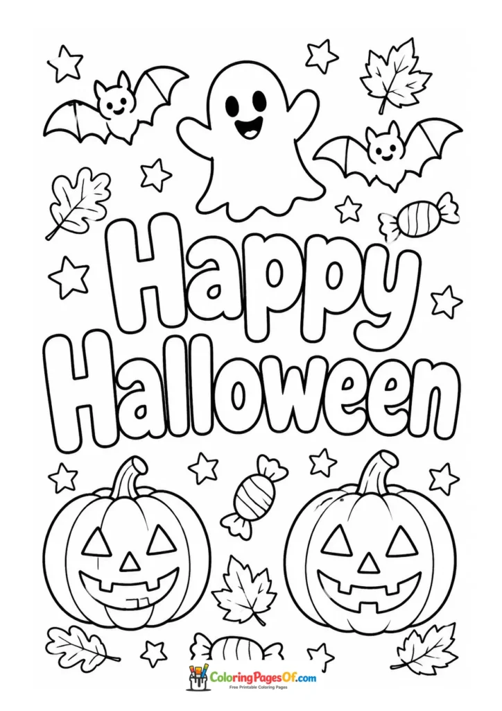 Happy Halloween lettering surrounded by ghosts, bats, pumpkins, candy and autumn leaves