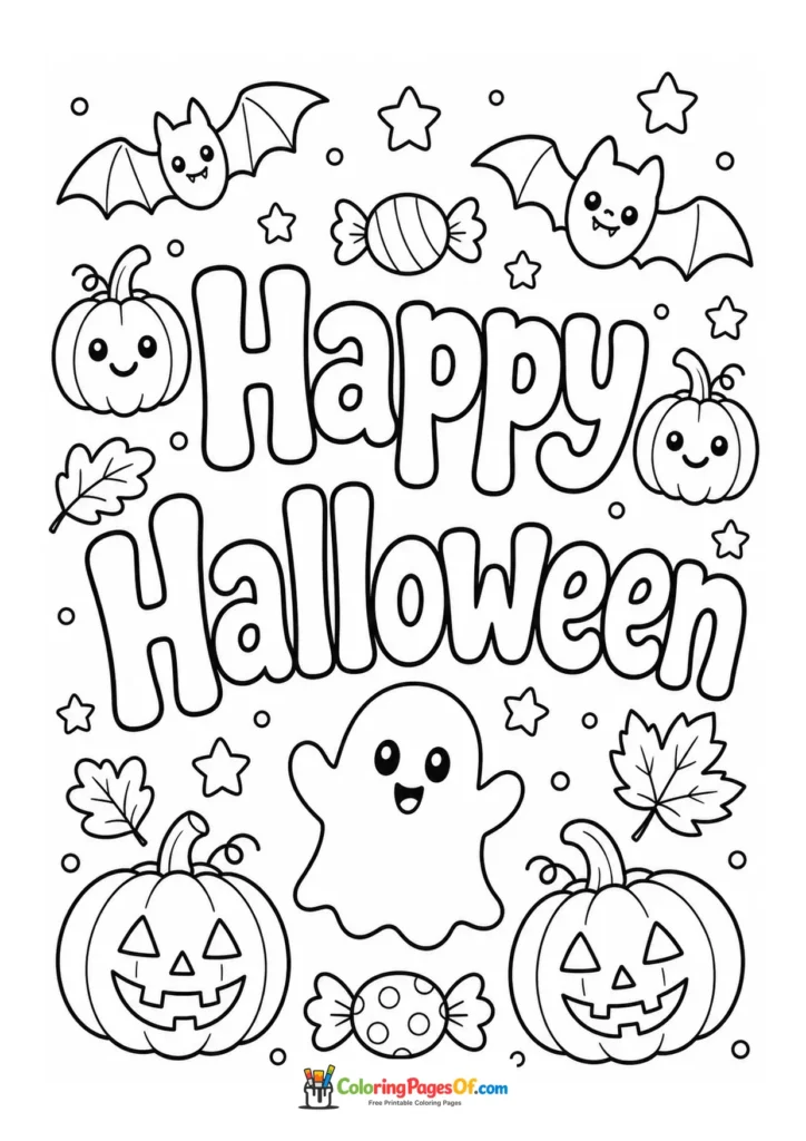 Happy Halloween lettering surrounded by ghosts, pumpkins, bats, candy and leaves