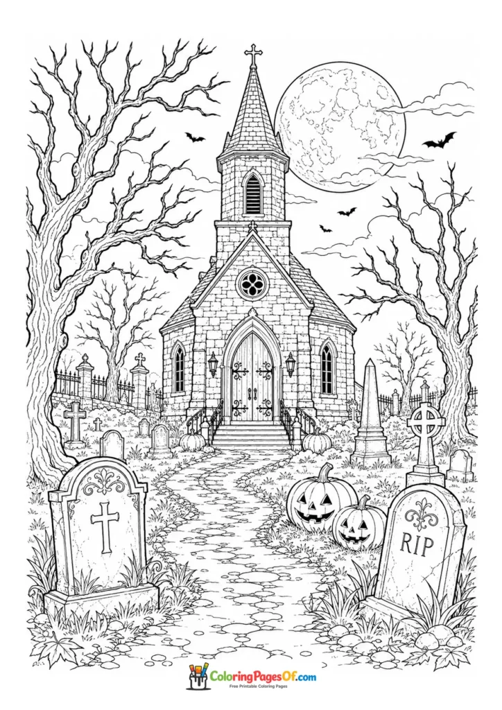 Old church in a graveyard under a full moon with jack-o’-lanterns