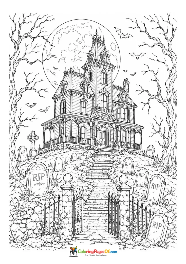Old haunted house beyond a cemetery gate with jack-o’-lanterns, Halloween Coloring Pages