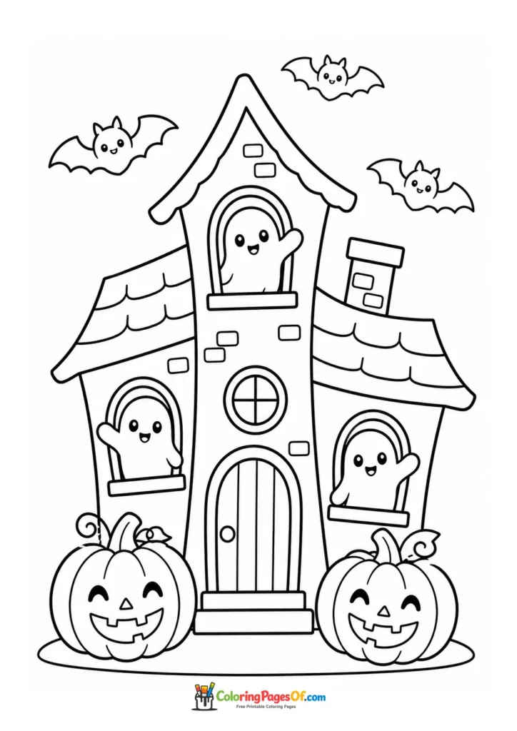 Friendly ghosts peeking from the windows of a haunted house beside pumpkins