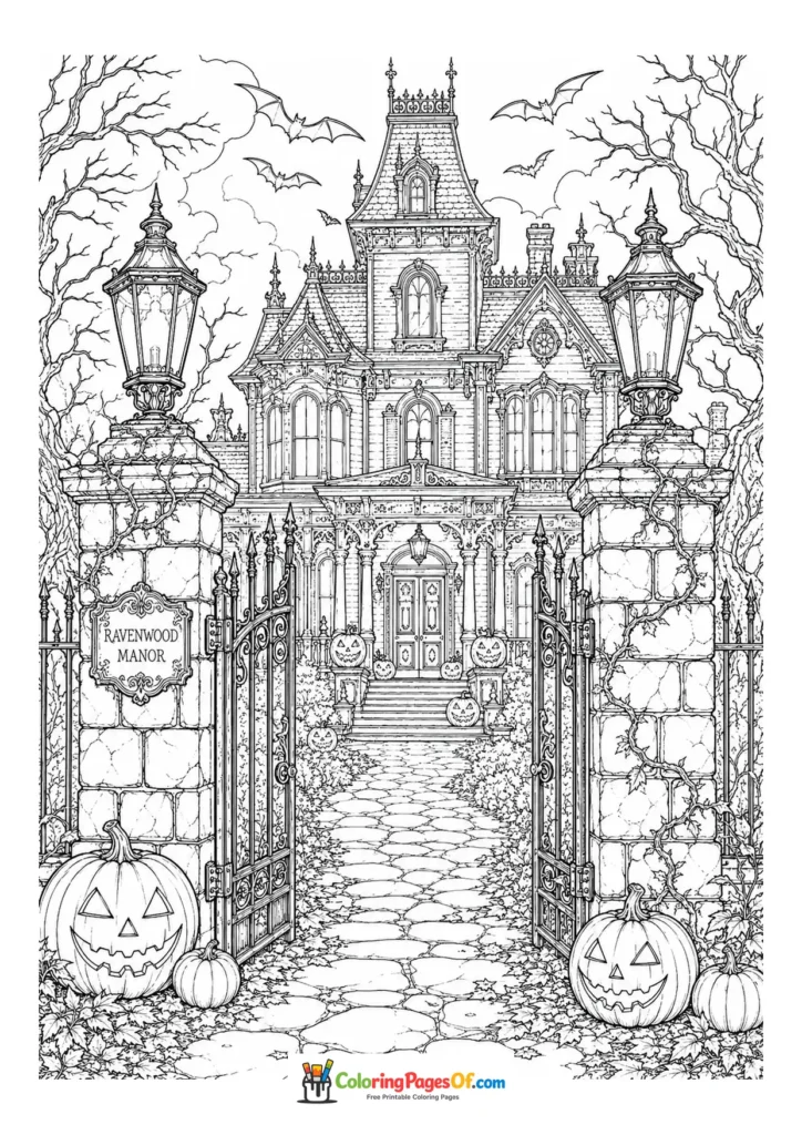 Decorative gate leading to a large haunted manor past jack-o’-lanterns