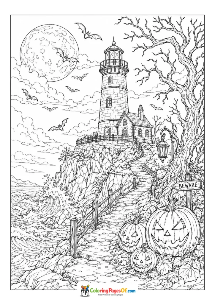 Lighthouse on a high coastal cliff surrounded by jack-o’-lanterns under a full moon