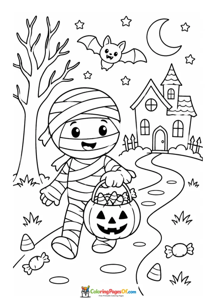 Happy mummy walking with a trick-or-treat pumpkin bucket toward a haunted house