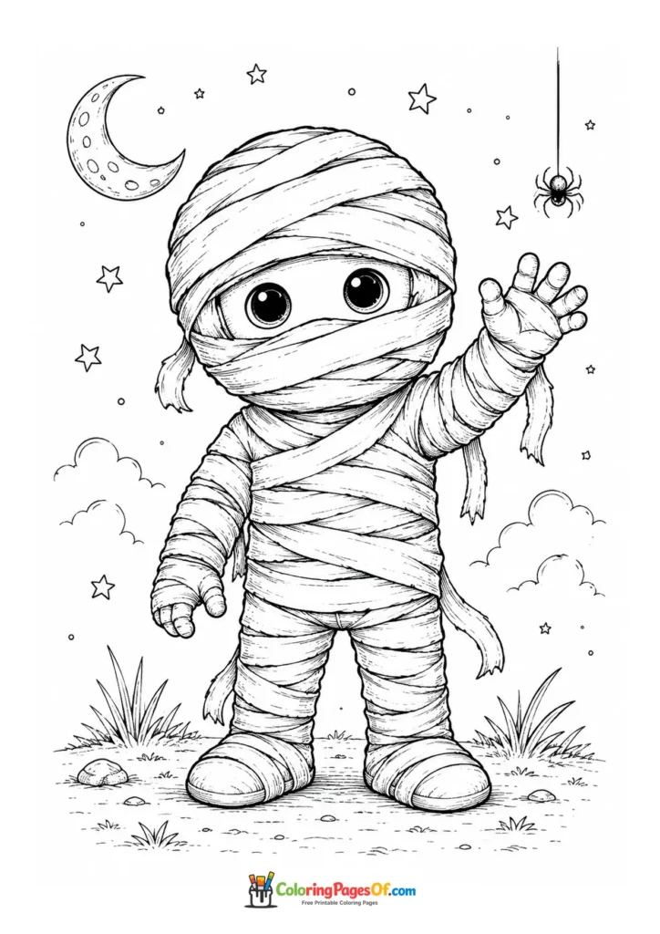 Cheerful mummy waving under the moon and stars with a small spider