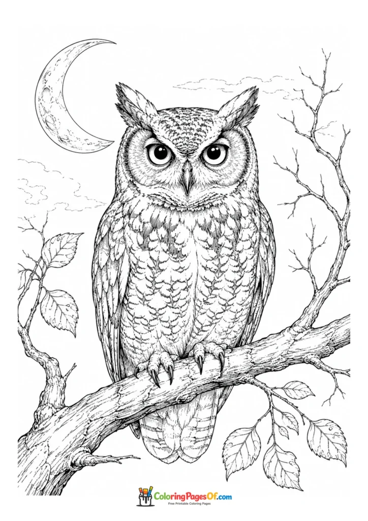 Detailed owl perched on a tree branch beneath a crescent moon
