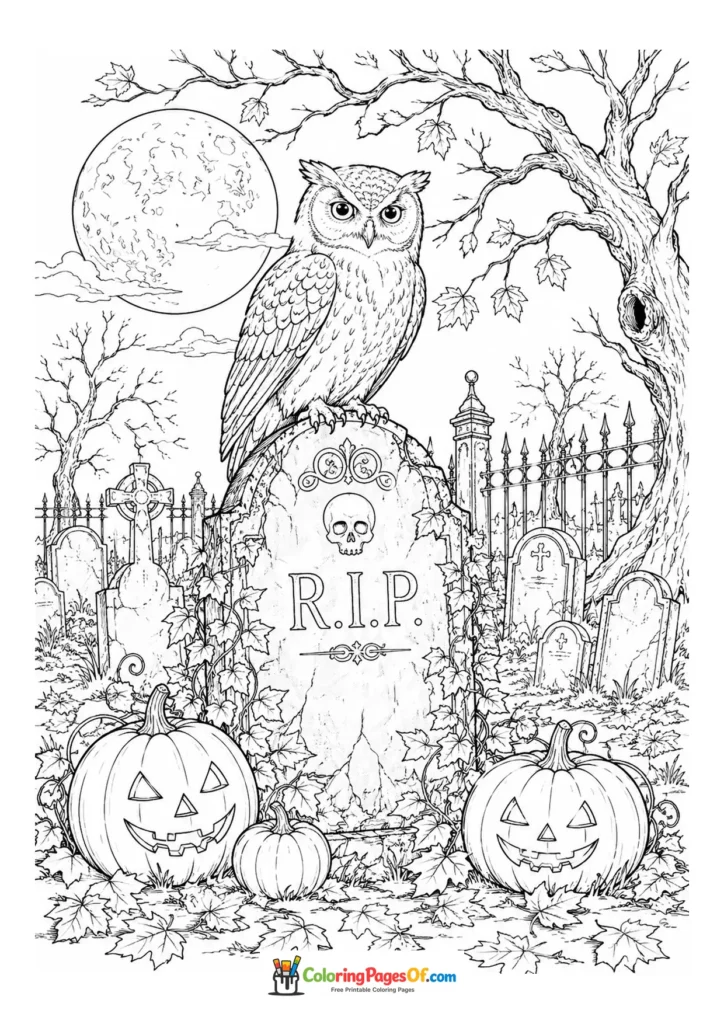 Owl perched on an RIP gravestone among pumpkins under a full moon
