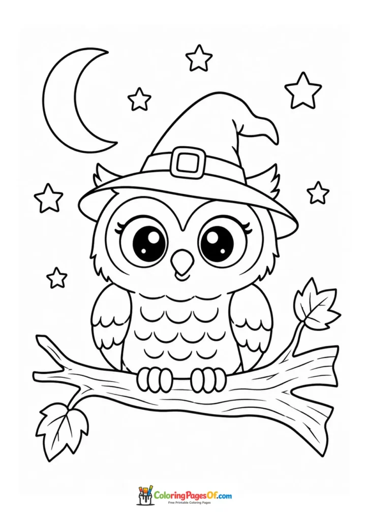 Cute owl sitting on a branch wearing a witch hat beneath the moon and stars