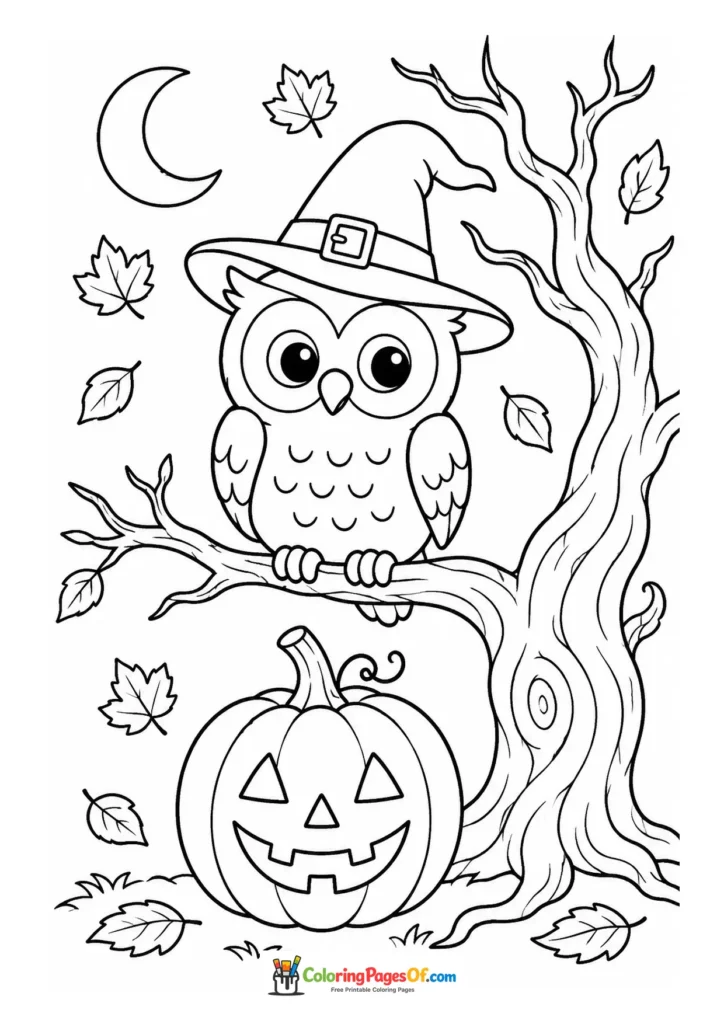 Owl wearing a witch hat perched on a spooky tree above a jack-o'-lantern