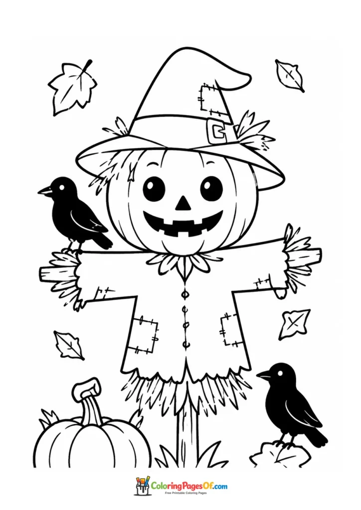Smiling pumpkin-headed scarecrow standing among crows and pumpkins