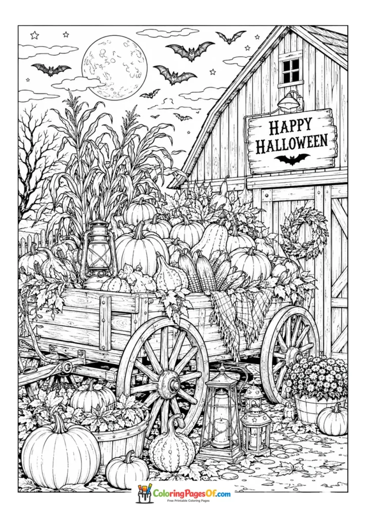 Wooden wagon filled with pumpkins in front of an old barn beneath a Happy Halloween sign