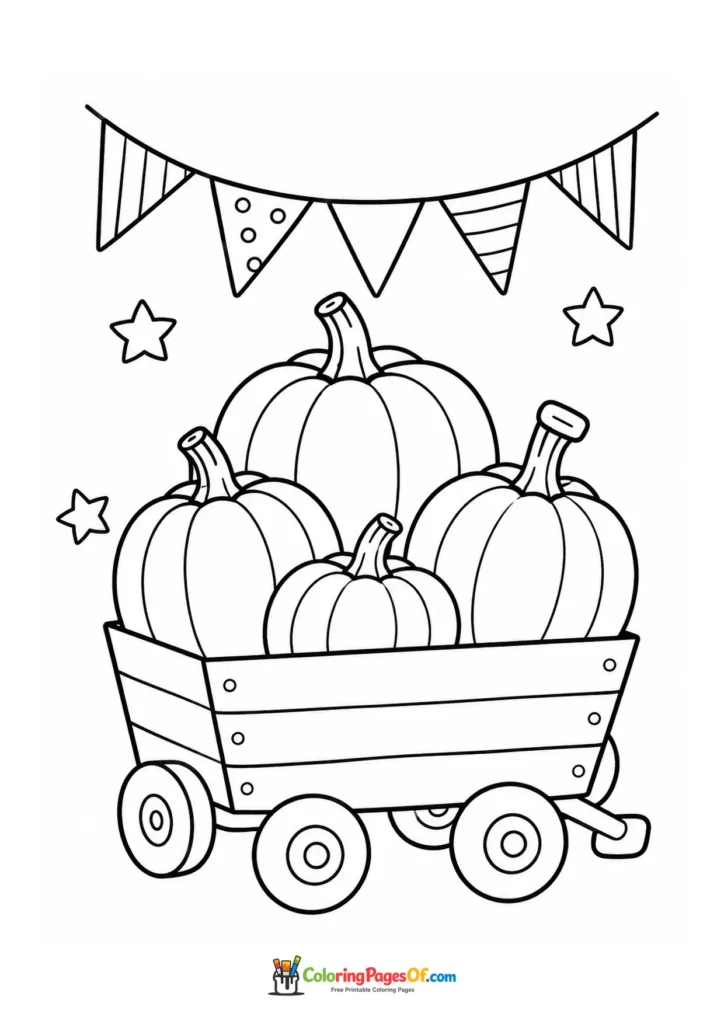 Wooden wagon filled with pumpkins of different sizes beneath festive bunting
