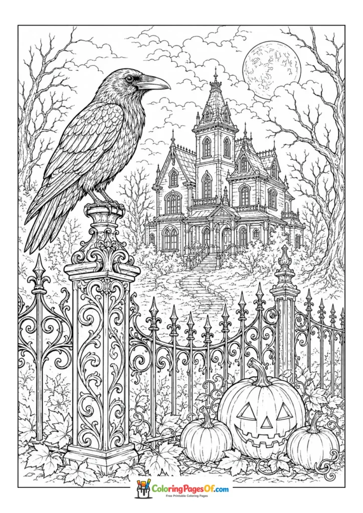 Large raven perched on an ornate gate before a haunted manor and pumpkins