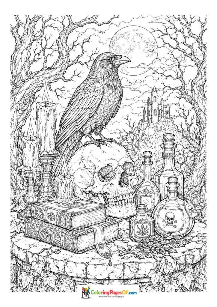 Raven perched beside a skull among potion bottles and candles