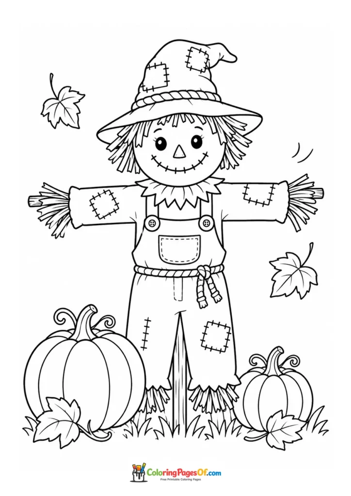 Smiling scarecrow standing in a field between two pumpkins and falling leaves