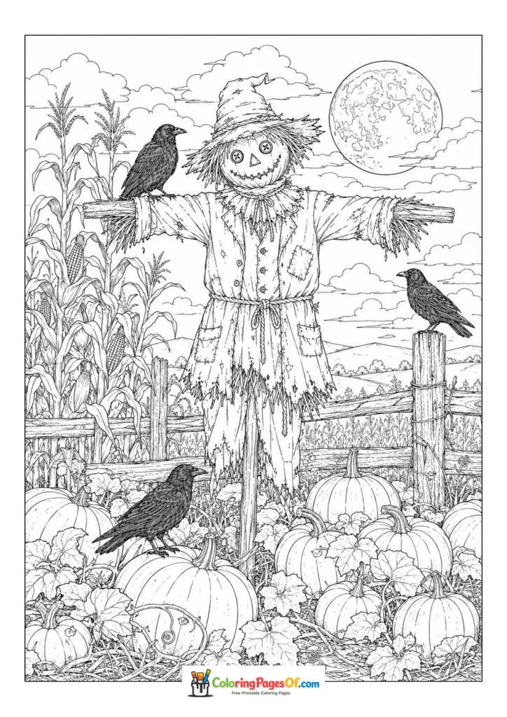 Smiling scarecrow standing in a pumpkin field surrounded by crows
