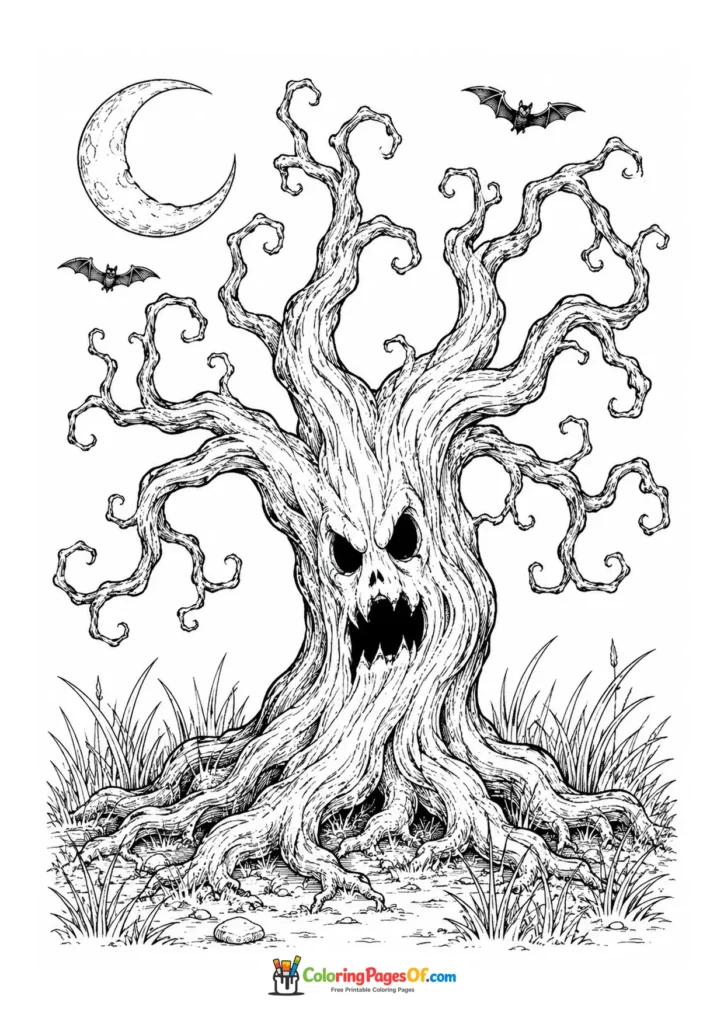 Scary twisted haunted tree with a snarling face under the moon and bats