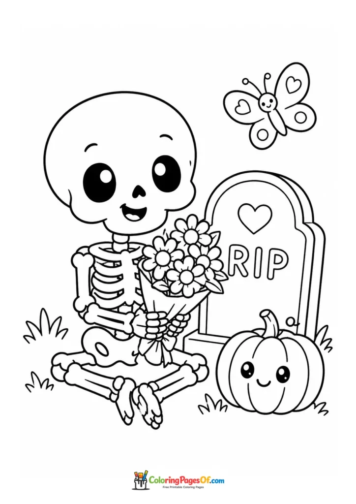 Happy skeleton holding a bouquet beside an RIP gravestone and pumpkin
