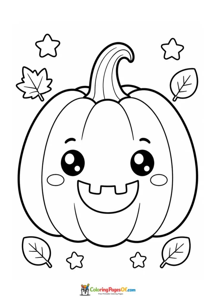 Large smiling pumpkin surrounded by autumn leaves and stars