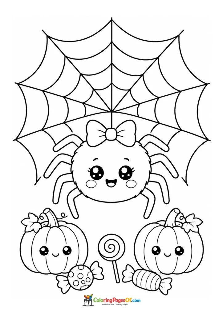 Cute spider hanging in a large web above pumpkins and candy