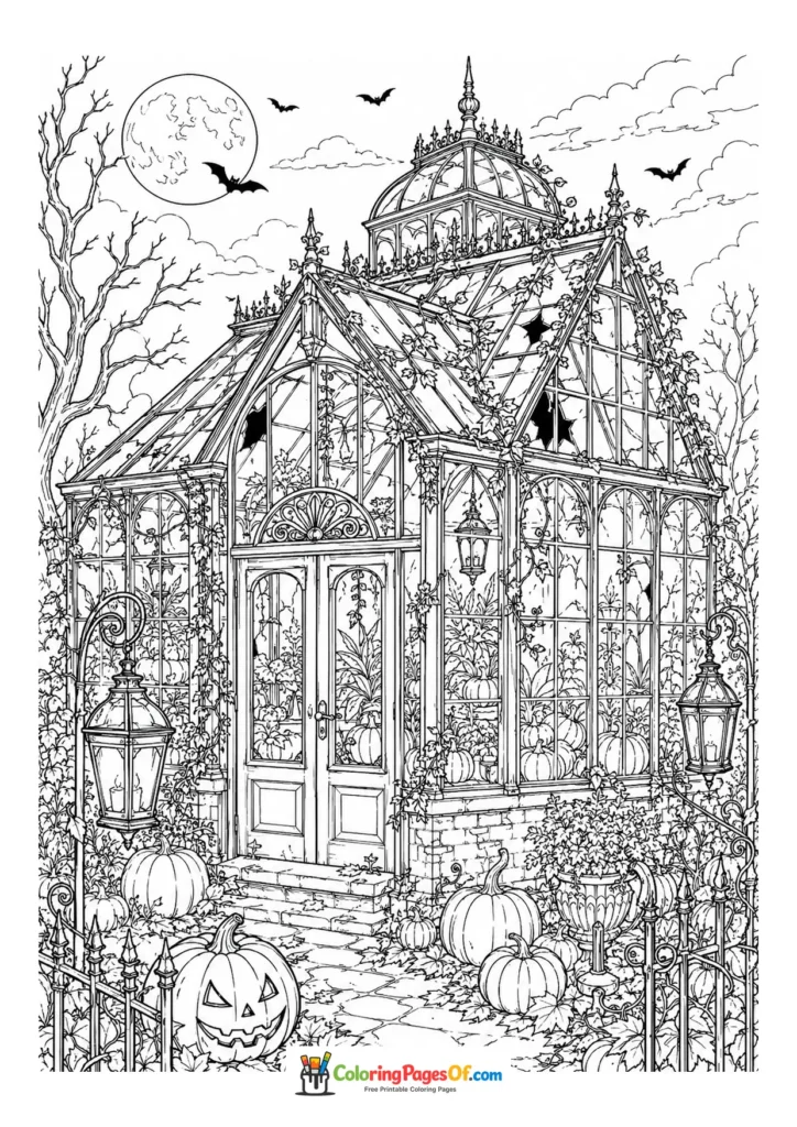 Old glass greenhouse among vines, lanterns, bats and pumpkins