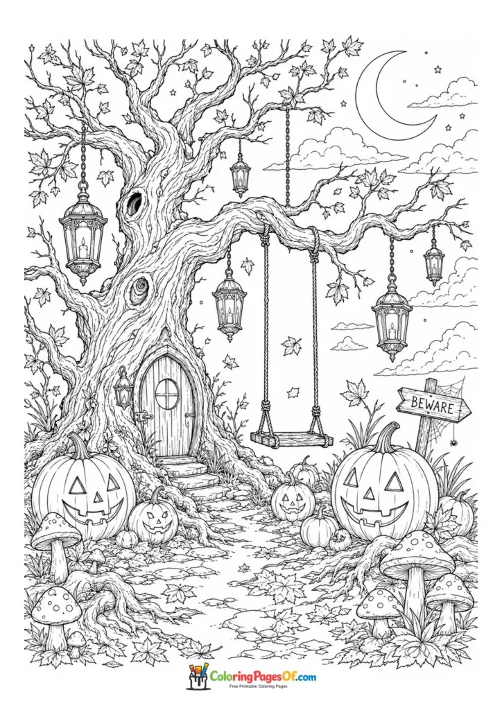 Twisted old tree with hanging lanterns surrounded by pumpkins