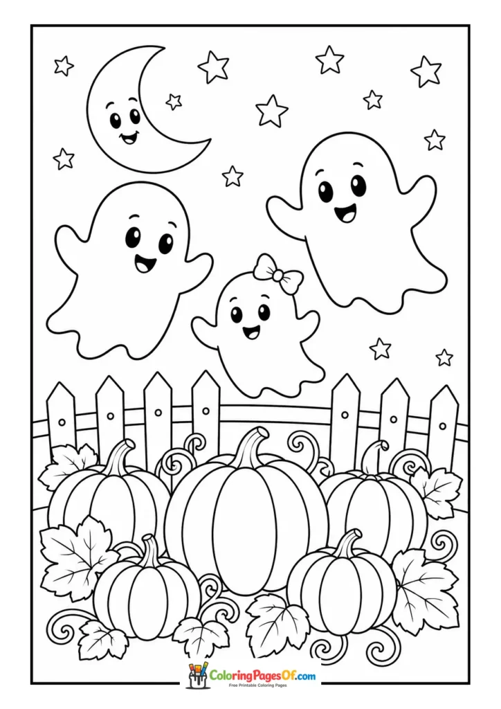 Three friendly ghosts floating above pumpkins and autumn leaves