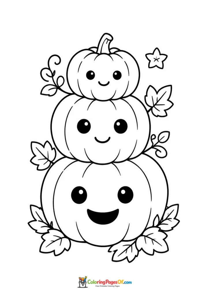 Three happy pumpkins stacked on top of one another among autumn leaves