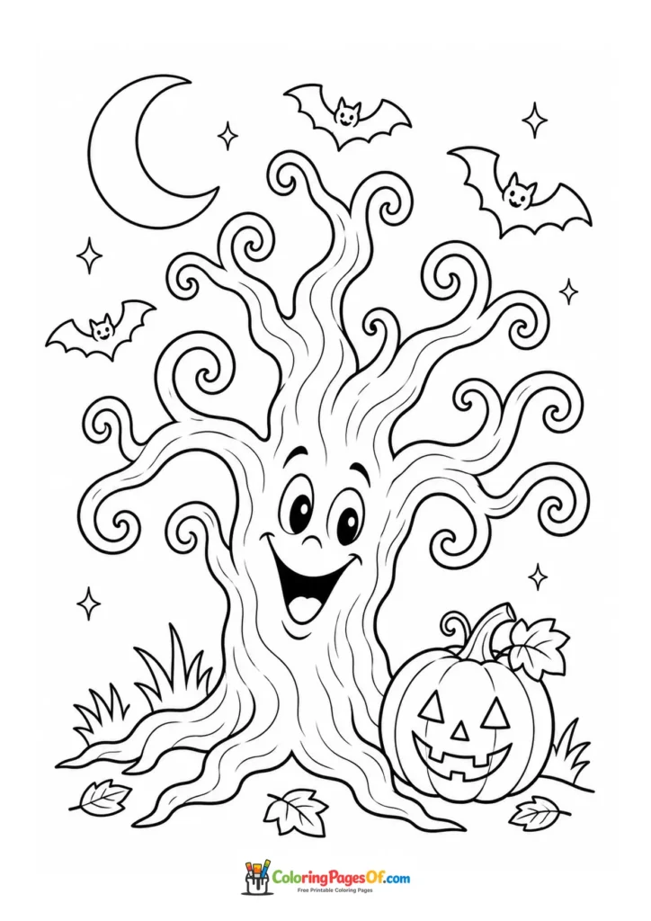 Smiling ghost tree with curling branches among bats, the moon and a pumpkin