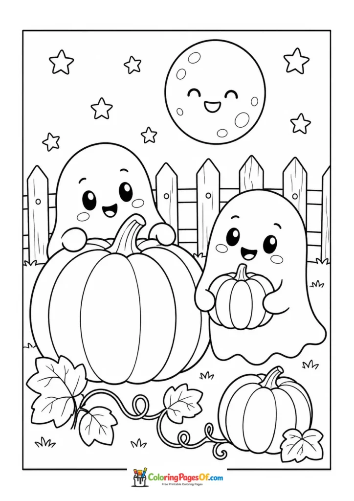 Two happy ghosts playing behind one large and several small pumpkins