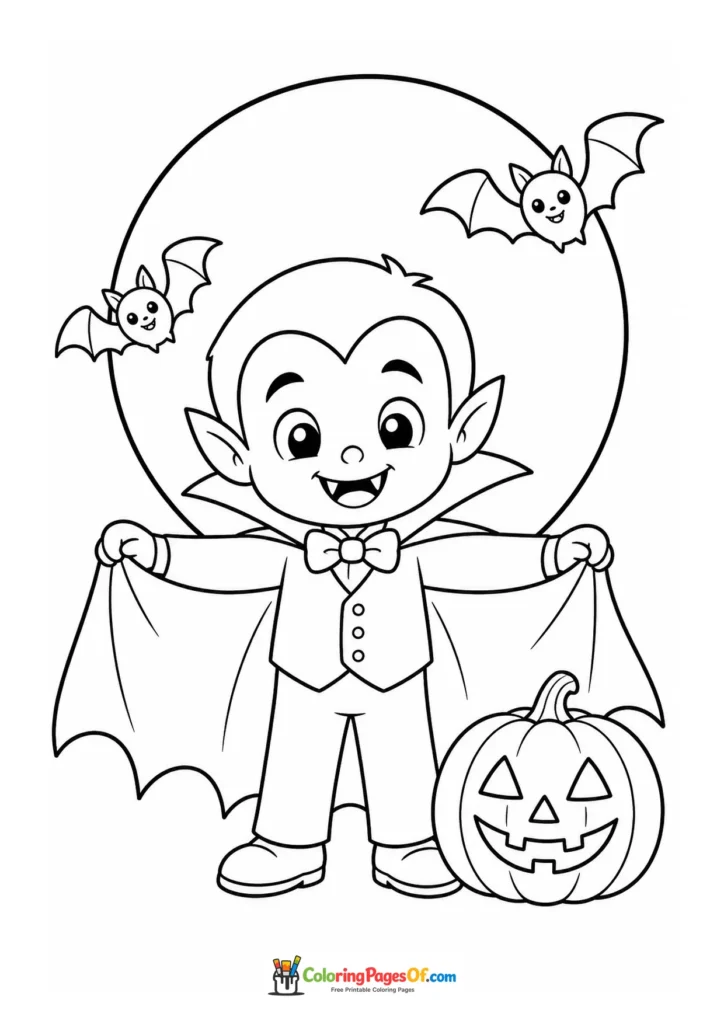 Cheerful vampire holding his cape open beside a jack-o'-lantern