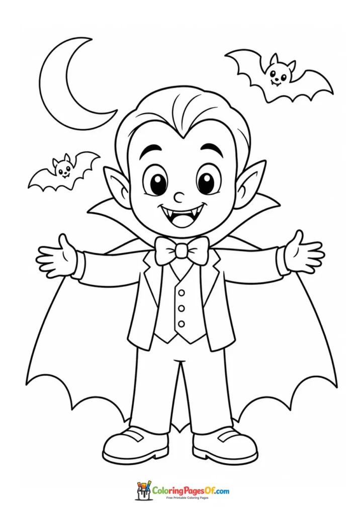 Happy vampire standing with cape open beneath the moon and bats