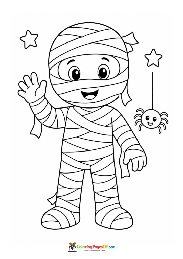 Happy mummy waving among stars and a small spider