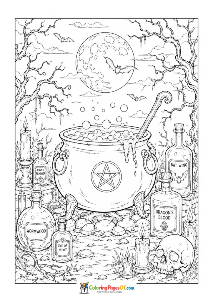 Bubbling witch cauldron with potion bottles, candles and a skull