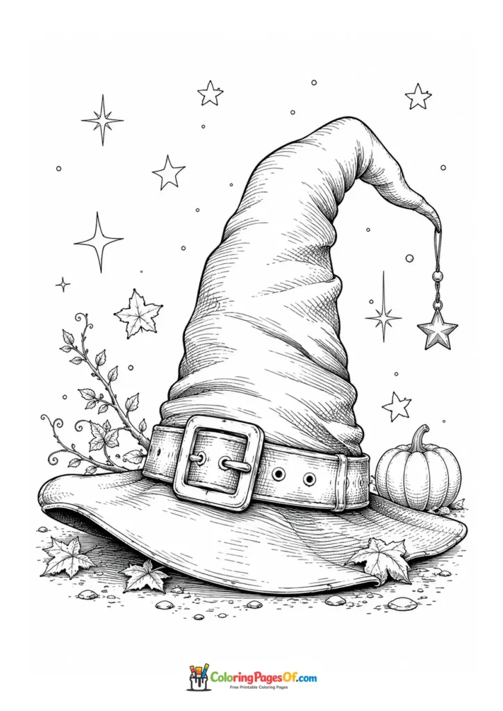 Decorative witch hat surrounded by stars, plants and a small pumpkin