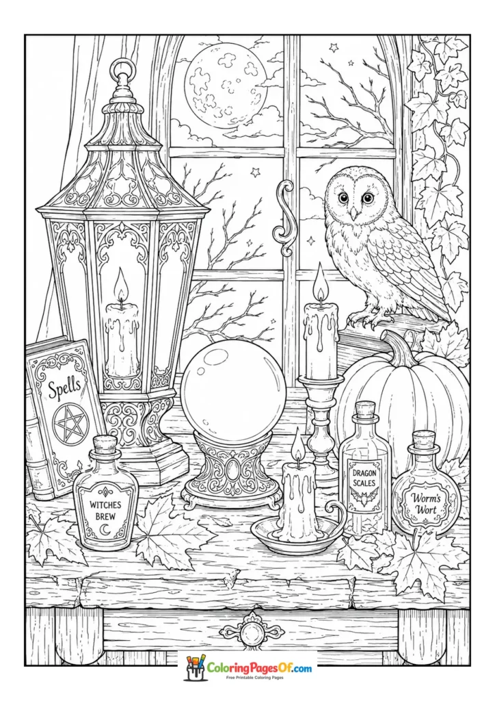 Owl watching over a crystal ball, candles and potion bottles on a witch’s table